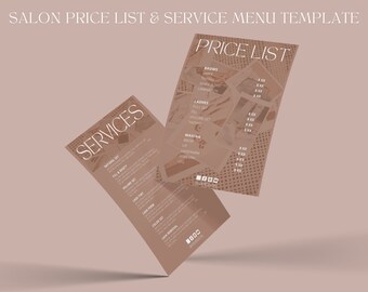 Plantilla de lista de precios, lista de precios para salón, hoja de precios, plantilla de lista de servicios, menú de servicio, tarjeta de estante de salón, tarjeta minimalista