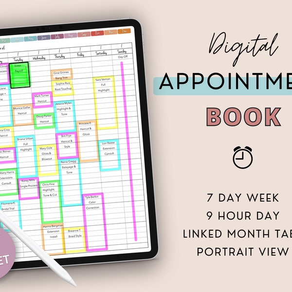 Digital Appointment Book, Salon Appointment Book, GoodNotes, iPad Planner, 15 Minute, Printable Appointment Book, Hair Stylist, Esthetician