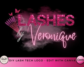 May include: Pink and silver glitter logo design for a lash technician business called "Lashes by Veronique". The logo features a pink watercolor background with a pink glitter text overlay. The text "Lashes by Veronique" is in a cursive font. There are also pink glitter eyelashes and a pink glitter butterfly.