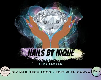 DIY Nail Tech Logo sjabloon, luxe Glam holografische regenboog inkt logo ontwerp voor nagelsalon, nagelkunstenaar, manicure, nagels, Canva sjabloon