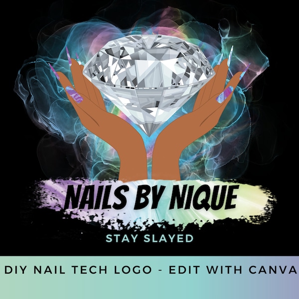 DIY Nail Tech Logo Vorlage, Luxus Glam Holographic Rainbow Ink Logo Design für Nagelstudio, Nagelkünstler, Manikürist, Nägel, Canva Template
