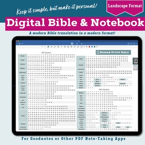 Puede incluir: Una plantilla de Biblia y cuaderno digital en formato horizontal. La plantilla está diseñada para usar con aplicaciones de toma de notas como Goodnotes. La plantilla presenta una tabla con los libros del Antiguo y Nuevo Testamento, junto con el número de capítulos de cada libro.