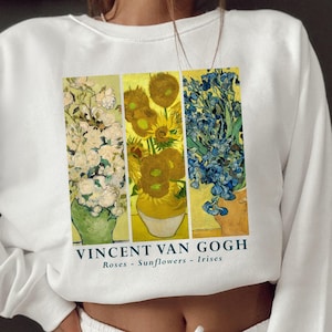 Van Gogh Sweatshirt – Floral Art Crewneck – Roses Sunflowers Irises Print
