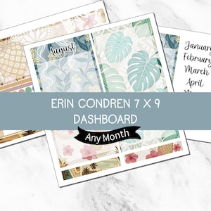 May include: A collection of Erin Condren 7x9 dashboard inserts with floral and tropical leaf patterns. The inserts feature the month of August, along with other months. The text "Any Month" is also visible.