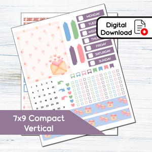 7x9 Compact Vertical - Valentine Love Printable Compact Vertical Sticker Kit for 7x9 Planners Erin Condren - Instant Download Kit 125