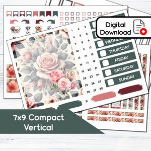 7x9 Compact Vertical - June Roses Printable Compact Vertical Sticker Kit for 7x9 Planners Erin Condren - Instant Download BF6