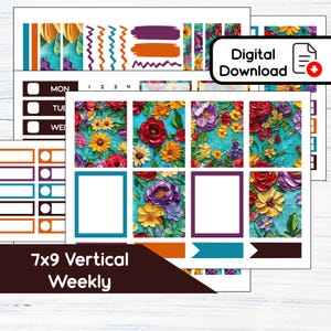 7x9 縦型ウィークリー - 7x9 プランナー用花柄プリントウィークリーステッカーキット Erin Condren - インスタントダウンロードキット SP1