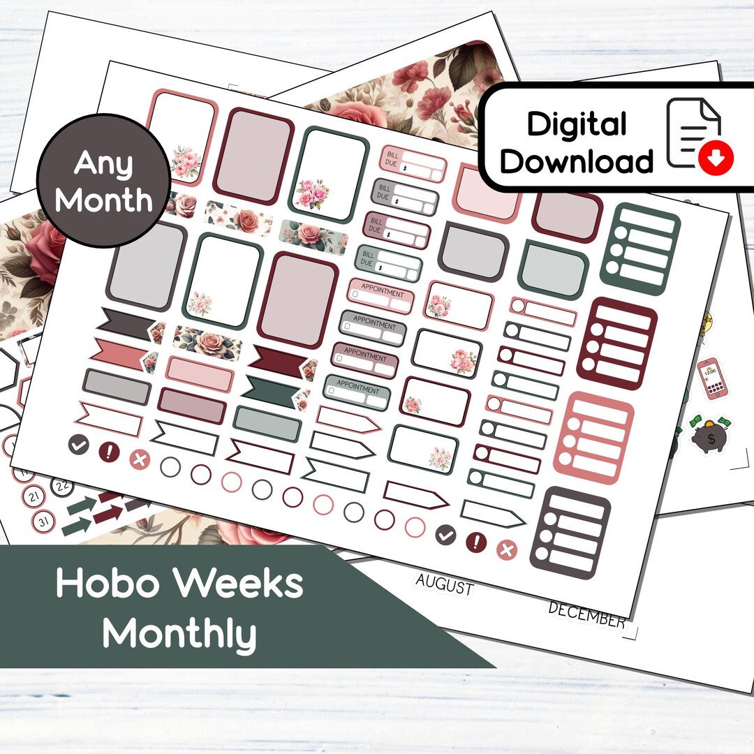 Hobonichi Weeks Monthly - June Rose Printable Monthly Sticker Kit (3 ...