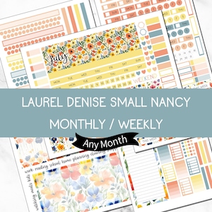 May include: A collection of planner stickers with floral and geometric designs. The stickers include calendar layouts, decorative elements, and the text "July". The text "LAUREL DENISE SMALL NANCY MONTHLY / WEEKLY" is also visible.