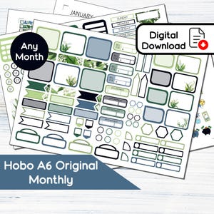 Puede incluir: Un conjunto de pegatinas de planificador imprimibles con un esquema de color verde y azul con acentos florales. Las pegatinas incluyen varias formas, tamaños y etiquetas como "factura vencida", "cita" y "cualquier mes".