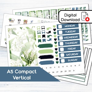 Puede incluir: Un conjunto de pegatinas de planificador vertical A5 imprimibles con un diseño floral con flores de lirio de los valles, acentos verdes y azules, y un calendario semanal con los días de la semana y los números. El texto "Descarga digital" está en la esquina superior derecha.