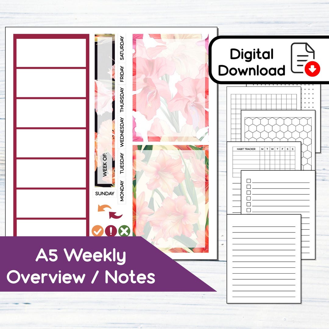 A5 Week at a Glance/notes - August Gladiolus Printable Weekly Sticker ...