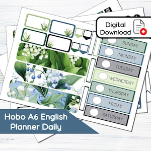 Puede incluir: Un conjunto de pegatinas de planificador digital imprimibles con un diseño floral de flores de lirio de los valles y hojas verdes. Las pegatinas incluyen casillas en blanco, una lista de verificación de planificador diario y una lista de verificación de planificador semanal con los días de la semana.