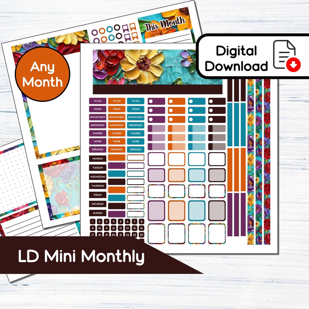 Small Monthly - Painted Floral - Printable Monthly Sticker Kit for ...