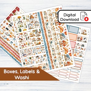 May include: Digital download of printable autumn-themed planner stickers featuring houses, leaves, and glitter. The stickers include boxes, labels, and washi tape.