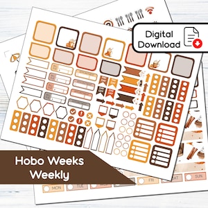 May include: A collection of planner stickers in shades of brown, orange, and cream. The stickers include boxes, banners, and icons with the text "Digital Download" and "Hobo Weeks Weekly". The stickers are designed for weekly planning.