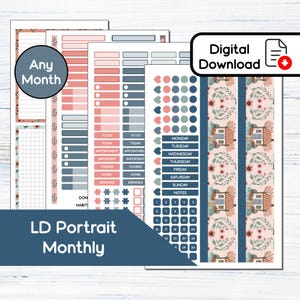 May include: Printable digital planner stickers in a blue and pink floral theme. The stickers include a monthly calendar, daily to-do lists, appointment reminders, and habit trackers. The stickers also include a set of floral borders and a set of house illustrations.