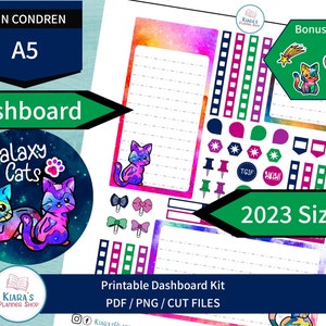 Galaxy Cats - Kit de adesivos de painel mensal para impressão para planejadores A5 (GCA5DASH) (5,8x8,3) Erin Condren ECLP
