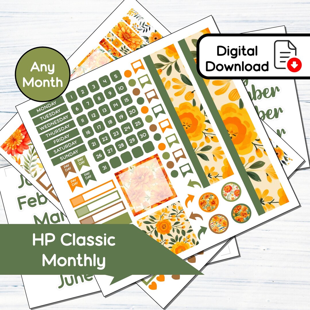 HP Classic Monthly - October Marigold Printable Monthly Sticker Kit for ...