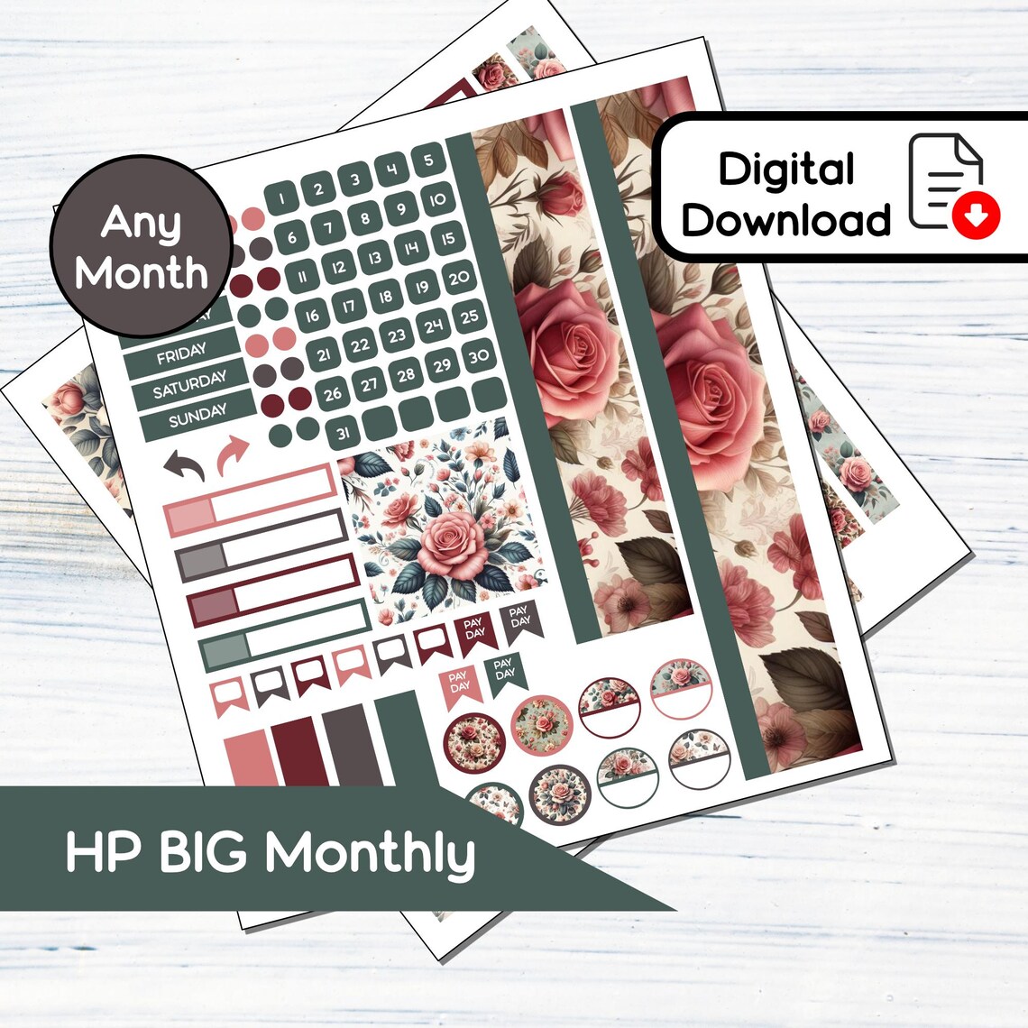 HP BIG Monthly - June Roses Printable Monthly Sticker Kit for Happy ...