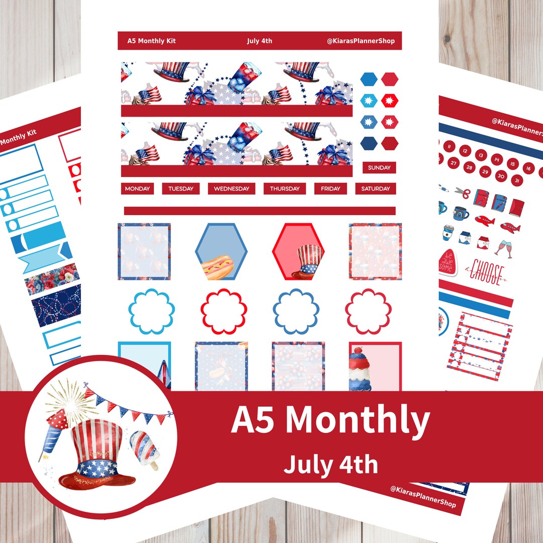 July 4th - Printable Monthly Sticker Kit for A5 Planners (J4A5M) (5.8 X ...