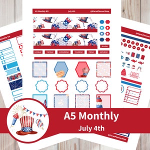 4 de julho - Kit de adesivos mensais para impressão para planejadores A5 (J4A5M) (5,8 x 8,3) Erin Condren ECLP