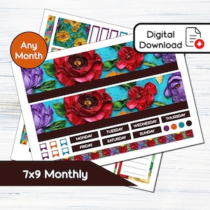 7x9 Mensal - Kit de adesivos florais pintados para impressão mensal para planejadores 7x9 Erin Condren - Kit de download instantâneo SP1