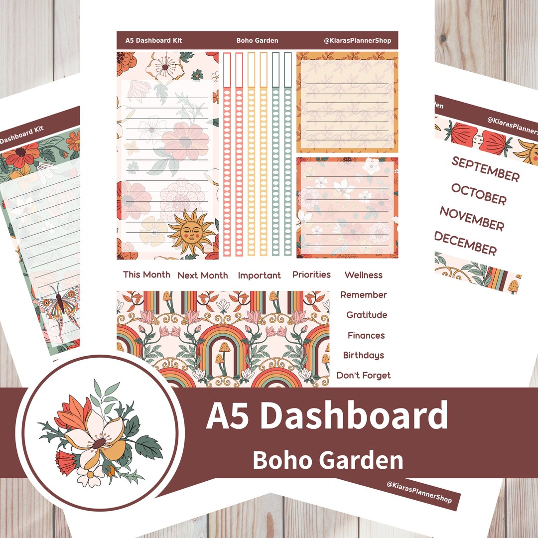 Boho Garden - Printable Monthly Dashboard Sticker Kit for A5 Planners ...