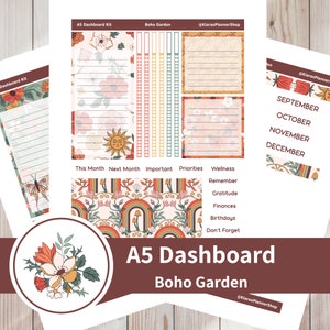 Boho Garden - Kit de adesivos de painel mensal para impressão para planejadores A5 (BGA5DASH) (5,8 x 8,3) Erin Condren ECLP