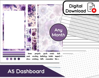 A5 Dashboard - February Violets Printable Dashboard Sticker Kit for A5 Planners Erin Condren - Instant Download Kit BF2