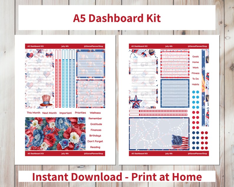 July 4th - Printable Monthly Dashboard Sticker Kit for A5 Planners ...