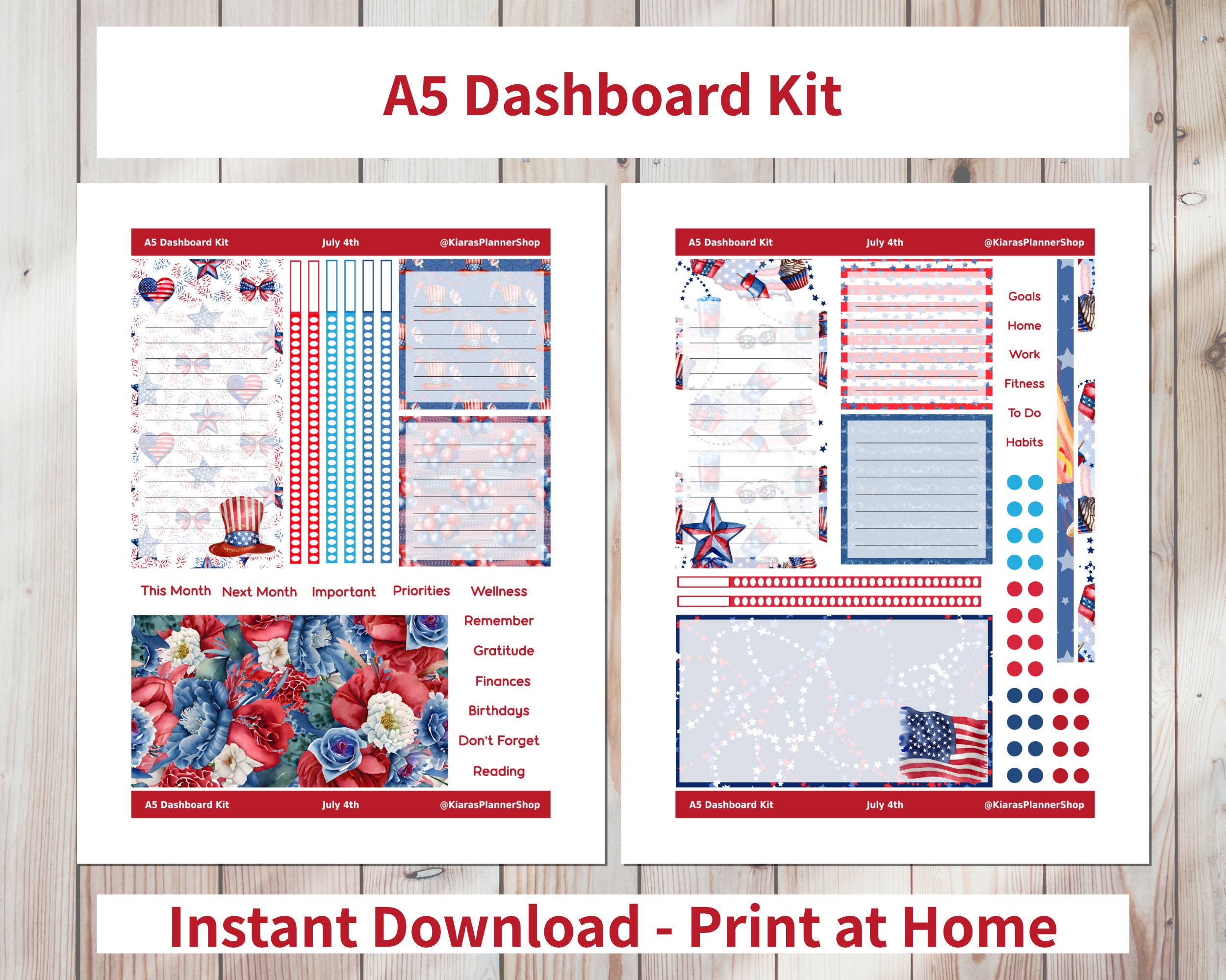 July 4th - Printable Monthly Dashboard Sticker Kit for A5 Planners ...