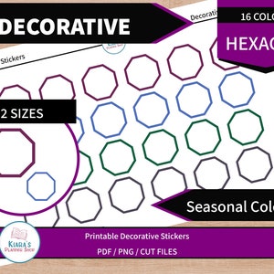 Adesivos decorativos hexágonos para impressão para planejadores e diários - 2 tamanhos - 320 adesivos - 16 cores sazonais (HXDS)