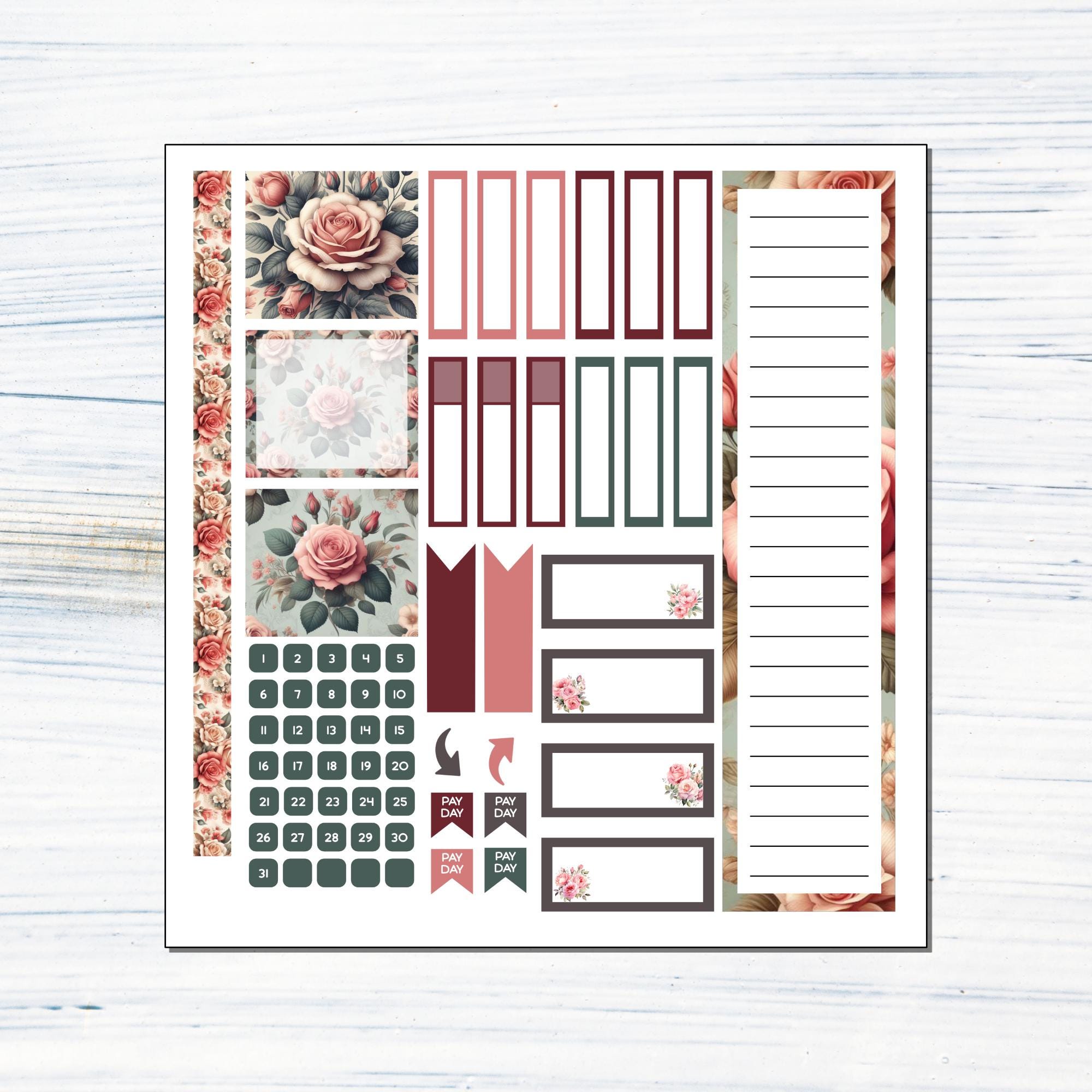 7x9 Monthly - June Roses Printable Monthly Sticker Kit for 7x9 Planners ...