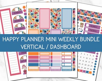 May include: A collection of planner stickers with floral patterns and colorful accents. The stickers include labels for days of the week, decorative boxes, and a calendar. Text on the stickers reads "HAPPY PLANNER MINI WEEKLY BUNDLE VERTICAL / DASHBOARD."
