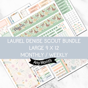 May include: A planner bundle with a butterfly and floral theme. The bundle includes weekly and monthly layouts, decorative stickers, and washi tape. The text "March" is visible, along with the words "Laurel Denise Scout Bundle" and "Large 9 x 12".