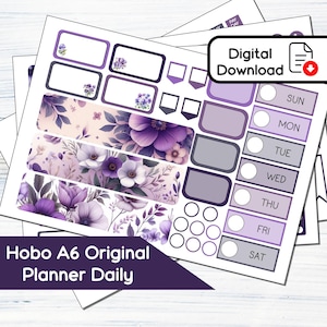 Kit de pegatinas imprimibles diarias y semanales Hobonichi Original A6 Daily - February Violets (5,9 x 4,1) - Kit de descarga instantánea BF2