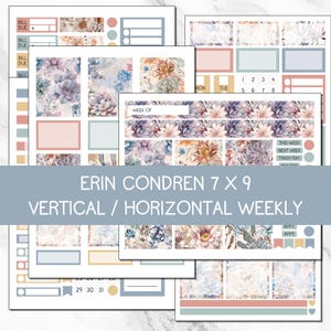 Puede incluir: Un conjunto de pegatinas para planificador con diseños florales en colores pastel. Las pegatinas incluyen cajas, etiquetas y elementos decorativos para la planificación semanal. El texto incluye "Bill Due", "Week of" y "Erin Condren 7 x 9 Vertical / Horizontal Weekly".