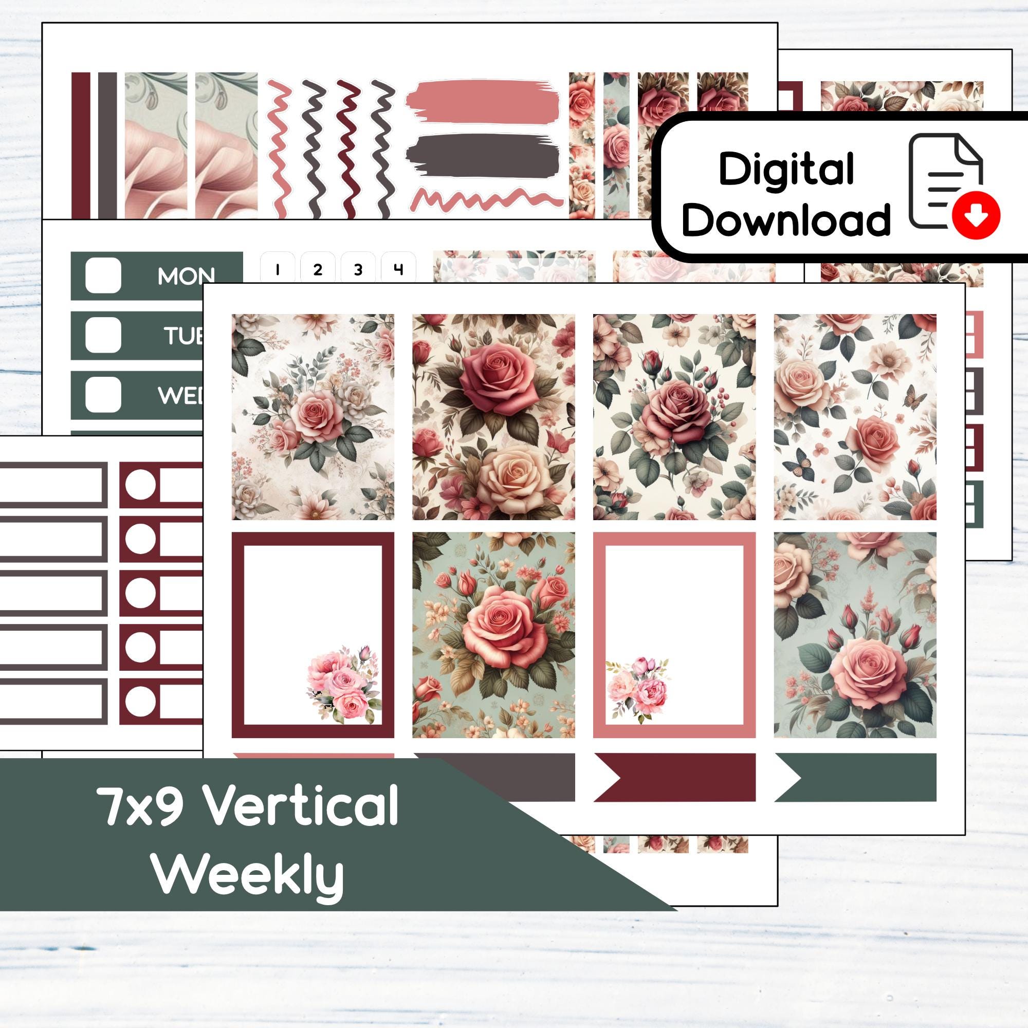 7x9 Vertical Weekly - June Roses Printable Weekly Sticker Kit for 7x9 ...
