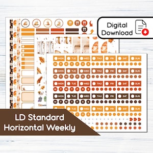 May include: A collection of planner stickers with a fall theme. The stickers feature various designs, including pumpkins, leaves, and coffee cups, in shades of orange, brown, and white. The text "Digital Download" is visible. The text "LD Standard Horizontal Weekly" is also visible.
