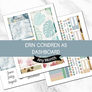 Op de afbeelding: Een verzameling Erin Condren A5 dashboard-invoegtoepassingen met bloemen- en tropische ontwerpen. De invoegtoepassingen bevatten maandkalenders, takenlijsten en gewoontetrackers. De tekst op de invoegtoepassingen bevat "August", "Juni", "Juli", "December" en "Any Month".