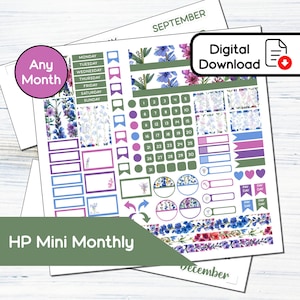 May include: A collection of planner stickers with floral designs in shades of purple, blue, and green. The stickers include labels for days of the week, dates, and decorative elements. Text includes "Any Month", "HP Mini Monthly", and "Digital Download".