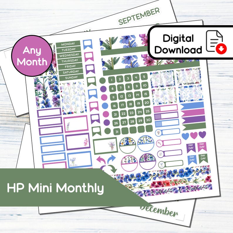 HP Mini Monthly - July Larkspur Printable Monthly Sticker Kit for Happy ...