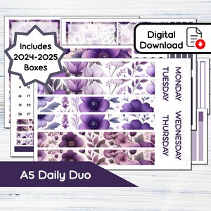 A5 デイリー デュオ - 2 月のバイオレット 印刷可能な A5 プランナー用デイリー デュオ ステッカー キット Erin Condren - インスタント ダウンロード キット BF2