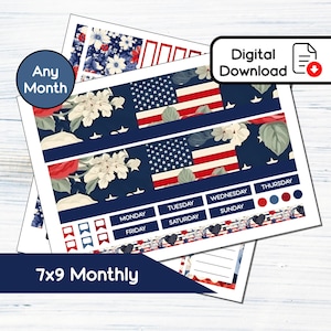 Kit de adesivos mensais 7x9 - Patriotic Shabby Chic para impressão para planejadores 7x9 Erin Condren - Kit de download instantâneo SP8
