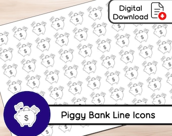 Piggy Bank Line Icons - Druckbares Symbol Aufkleber Blatt - 70 Count - BUJO - Planer und Journal Aufkleber