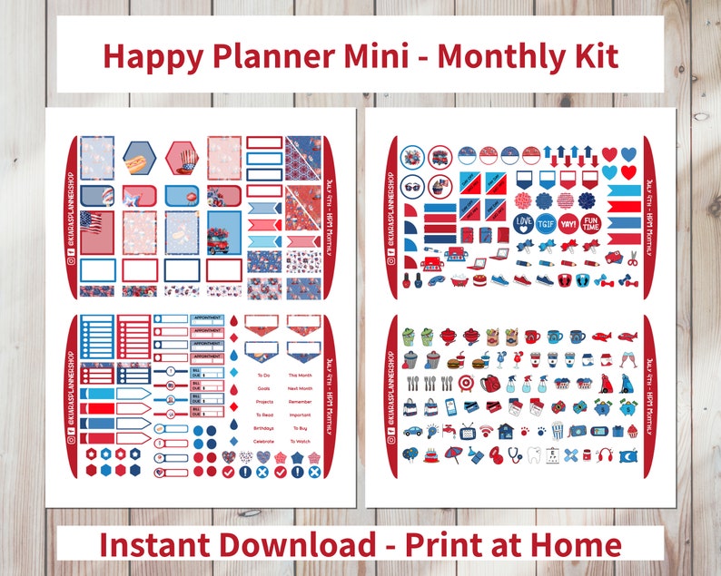 July 4th - Printable Monthly Sticker Kit for Happy Planner Mini (J4HPMM ...