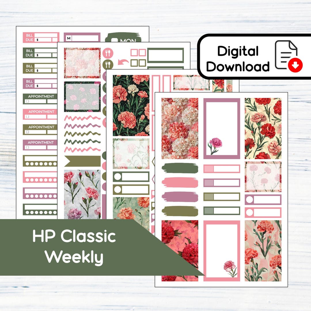 HP Classic Weekly - January Carnations Printable Weekly Sticker Kit for ...