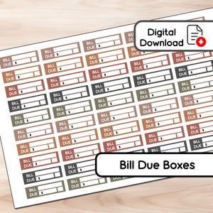 Bold Neutral - Bill Due Boxen - 50 Aufkleber - Instant Download - BUJO