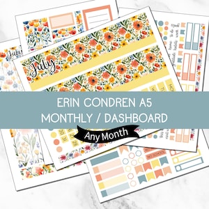 Könnte beinhalten: Eine Sammlung von Erin Condren A5 monatlichen und Dashboard-Planer-Aufklebern. Die Aufkleber zeigen florale Designs mit orangefarbenen, gelben und blauen Blumen. Das Wort "Juli" ist auf einem Aufkleber zu sehen. Der Text "Any Month" ist ebenfalls sichtbar.